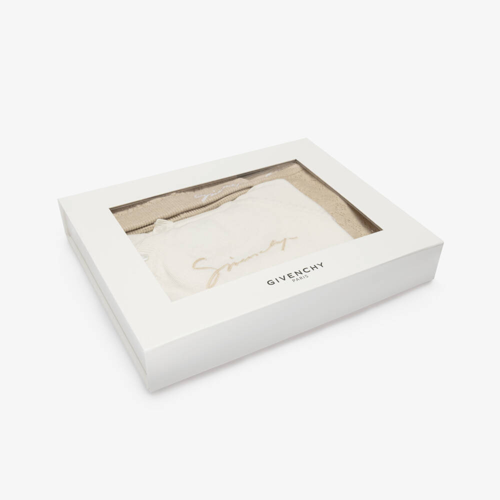 Givenchy-Ivory & Beige Cotton & Cashmere Knit Babysuit Set | Childrensalon