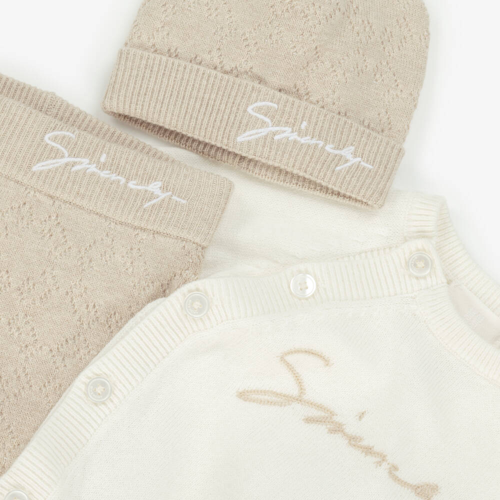 Givenchy-Ivory & Beige Cotton & Cashmere Knit Babysuit Set | Childrensalon