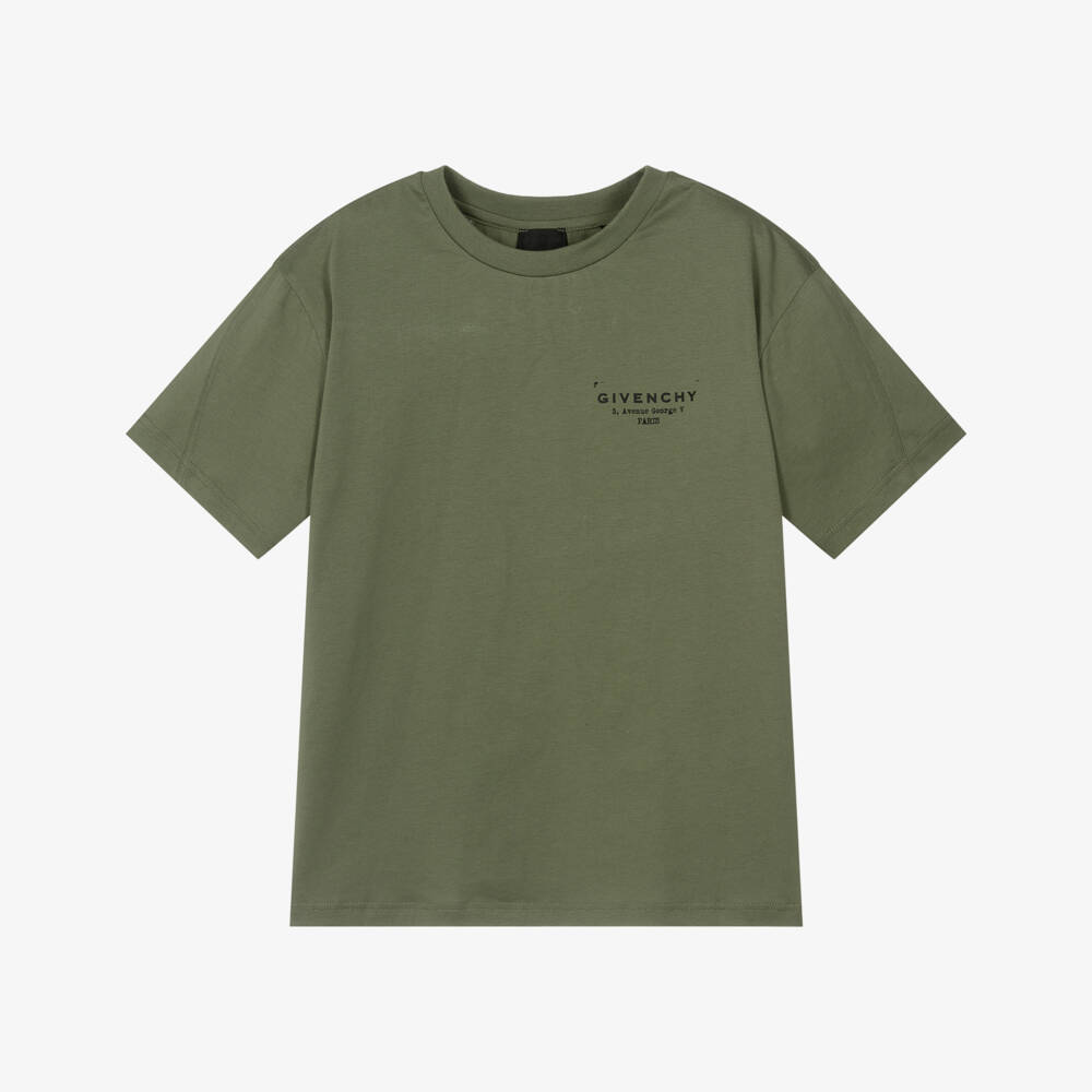 Givenchy-Khaki Green Cotton Jersey T-Shirt with Givenchy Stamp Logo | Childrensalon