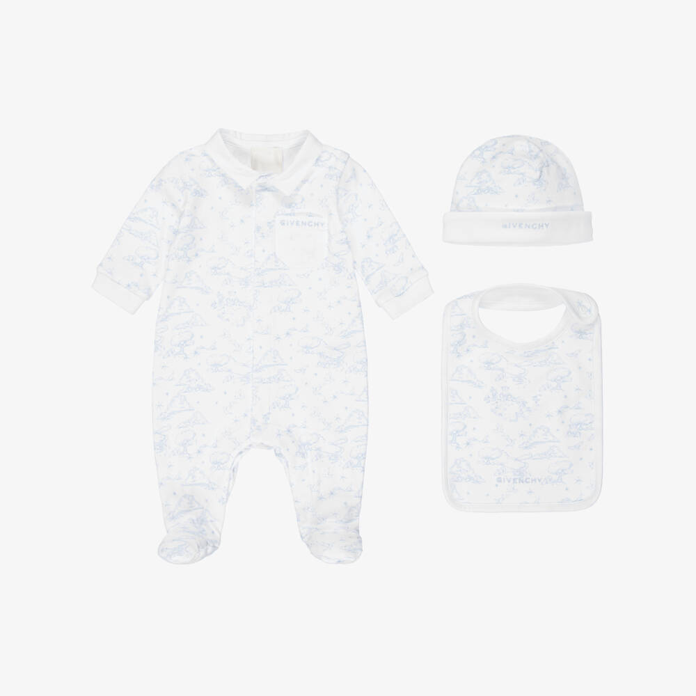 Givenchy-White & Blue Toile De Jouy Cotton Babysuit Set | Childrensalon