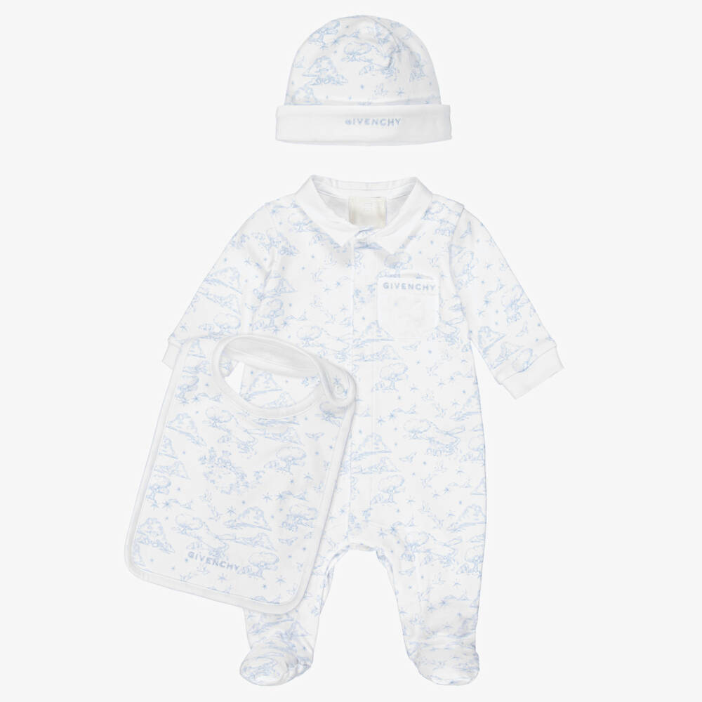 Givenchy-White & Blue Toile De Jouy Cotton Babysuit Set | Childrensalon