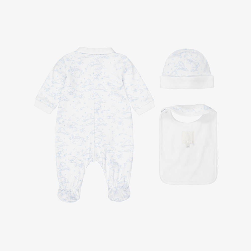 Givenchy-White & Blue Toile De Jouy Cotton Babysuit Set | Childrensalon