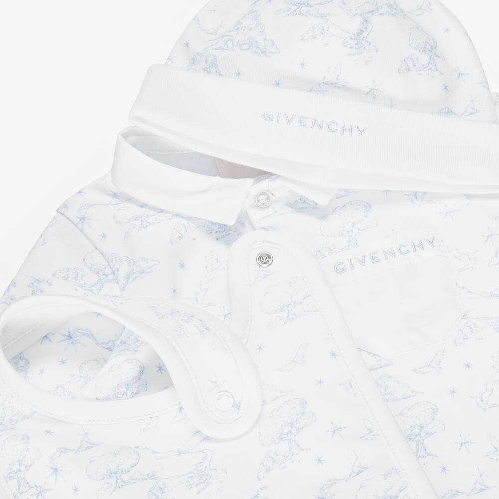 Givenchy-White & Blue Toile De Jouy Cotton Babysuit Set | Childrensalon