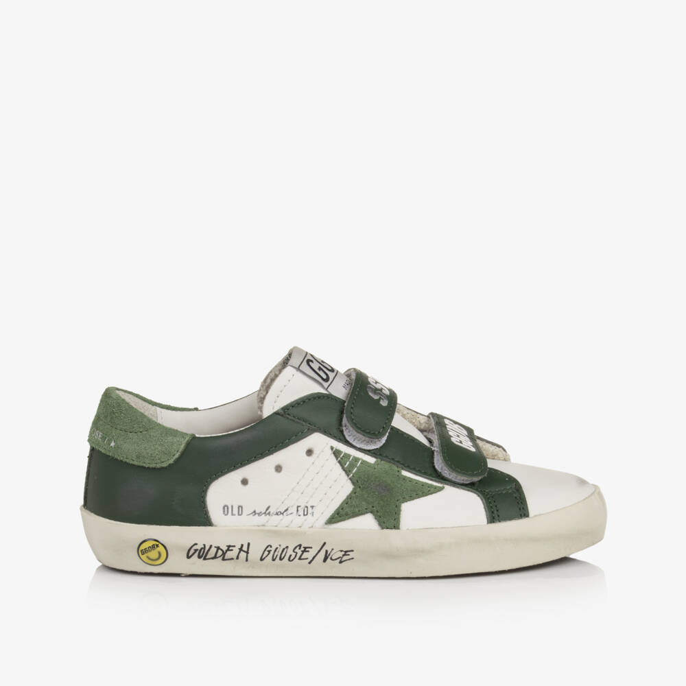 Golden Goose-Boys Old School Trainers in White & Green Leather | Childrensalon