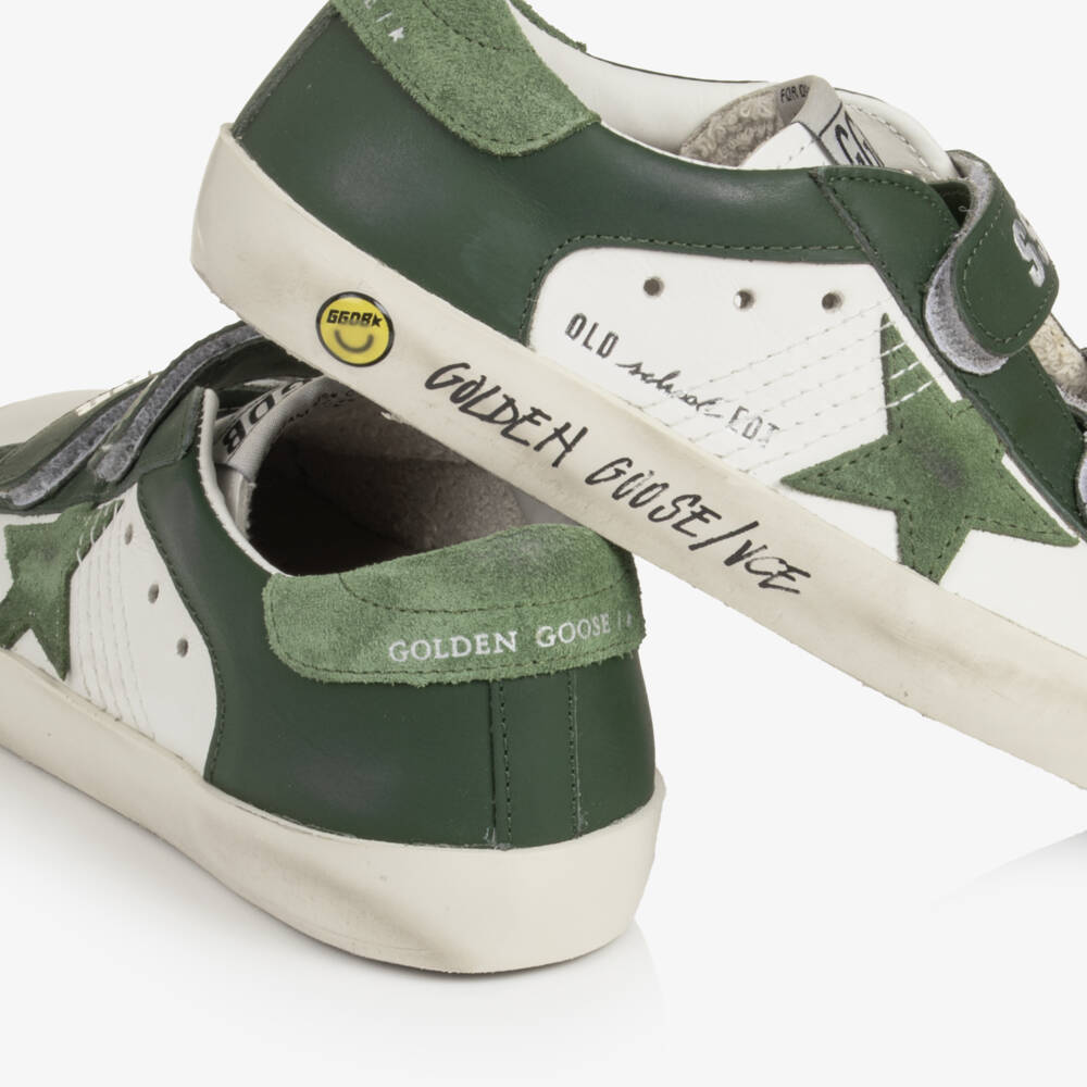 Golden Goose-Boys Old School Trainers in White & Green Leather | Childrensalon