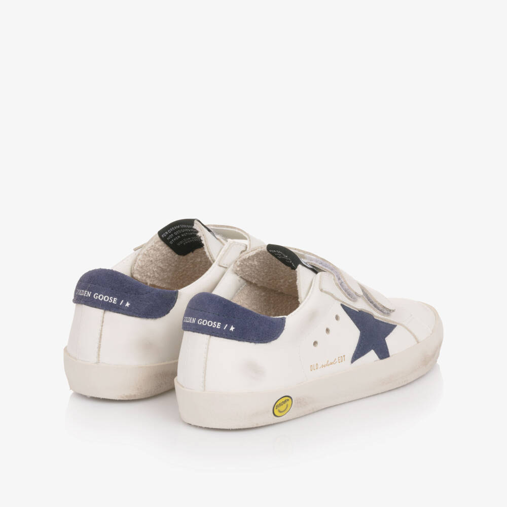 Golden Goose-Boys White & Navy Blue Old School Leather Trainers | Childrensalon