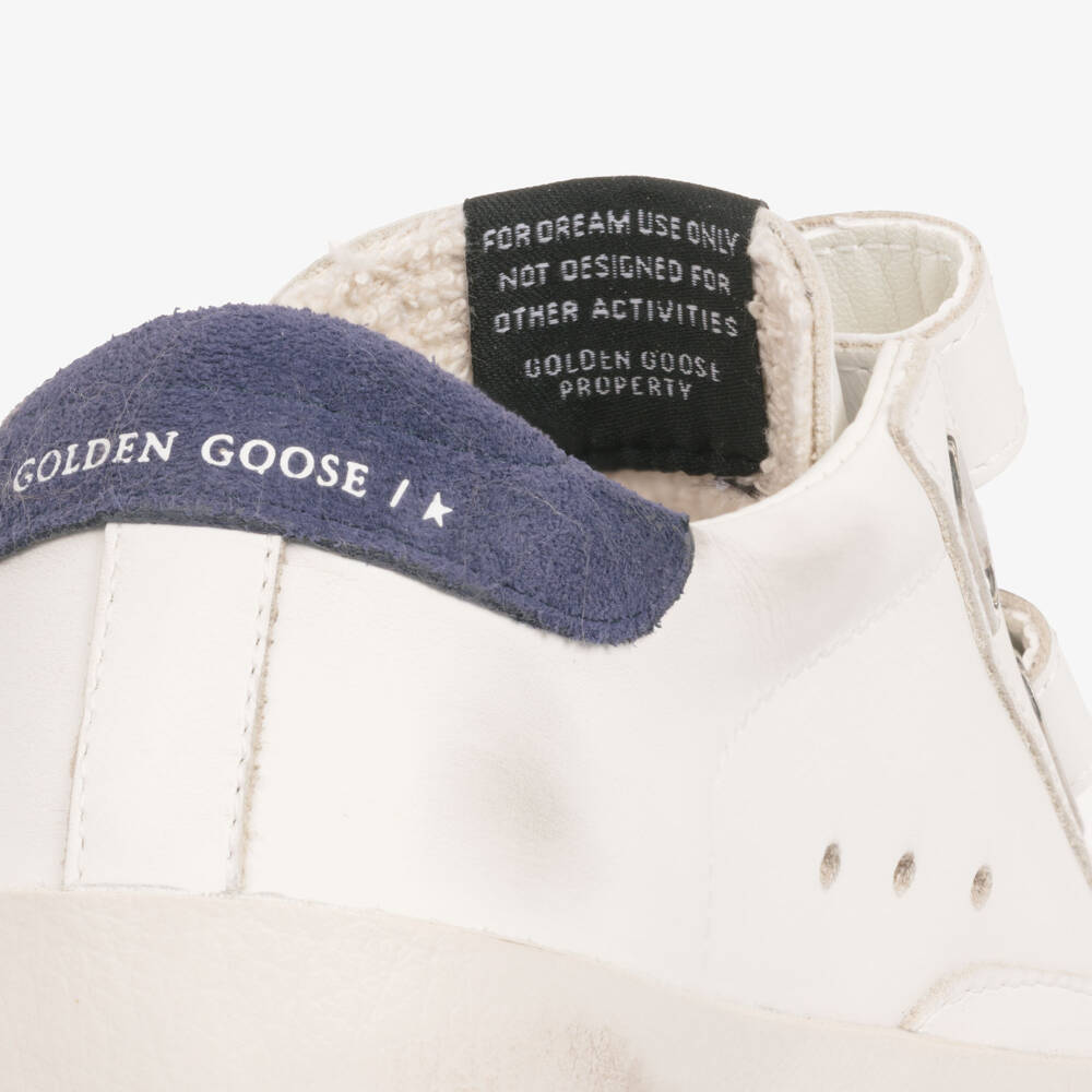 Golden Goose-Boys White & Navy Blue Old School Leather Trainers | Childrensalon