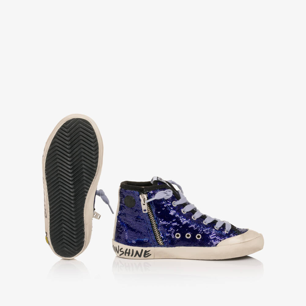 Golden Goose-Girls Blue Sequin Francy High Top Trainers | Childrensalon