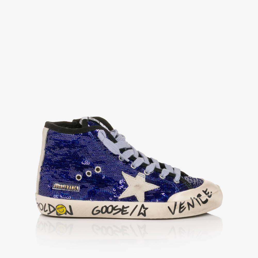 Golden Goose-Girls Blue Sequin Francy High Top Trainers | Childrensalon