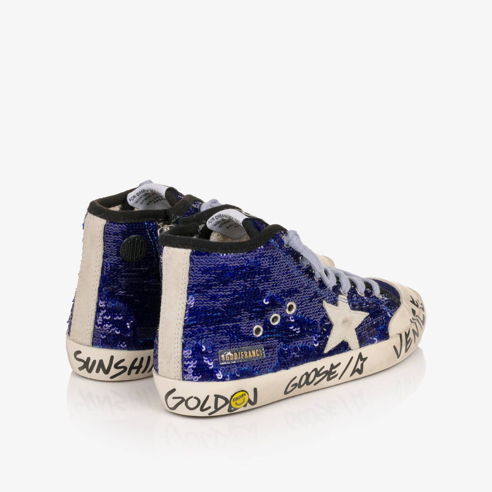 Golden Goose-Girls Blue Sequin Francy High Top Trainers | Childrensalon