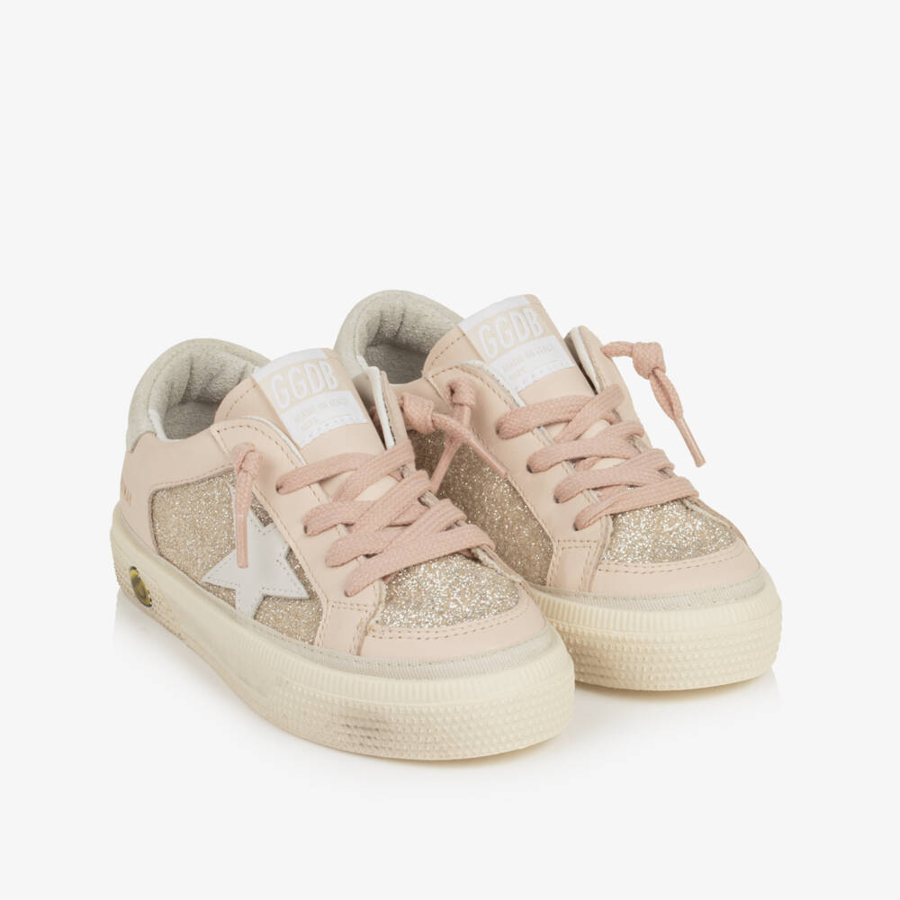 Golden Goose-Girls Pale Pink May Trainers in Leather & Glitter  | Childrensalon