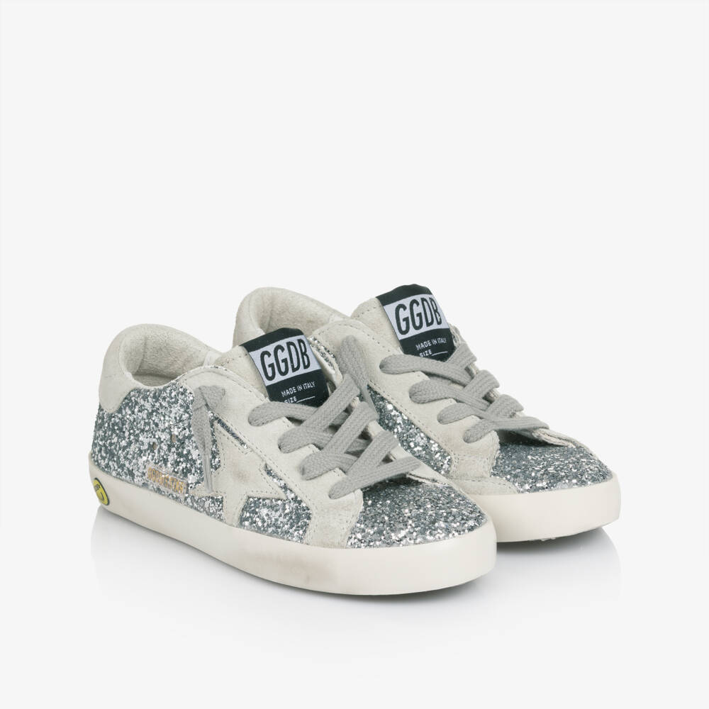Golden Goose-Girls Silver Glitter & Leather Super-Star Trainers | Childrensalon
