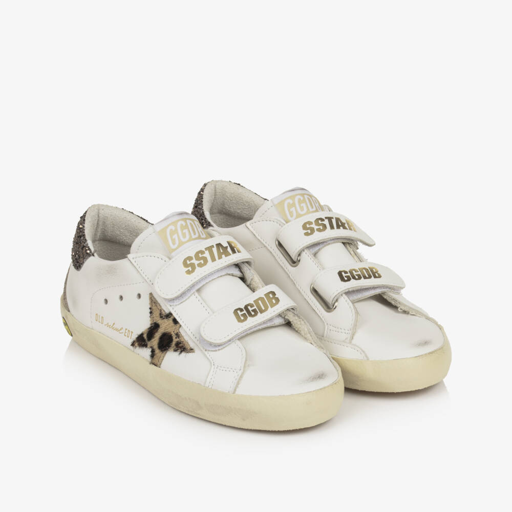Golden Goose-Girls White Leather Old School Trainers with Glittery Heels | Childrensalon