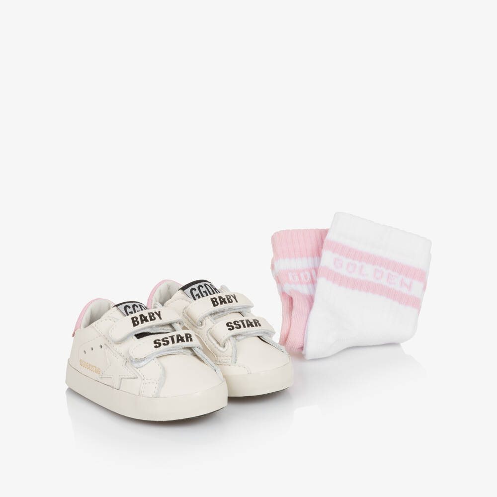 Golden Goose-حذاء رياضي جلد لون أبيض مع جوارب للبنات الرضع  | Childrensalon