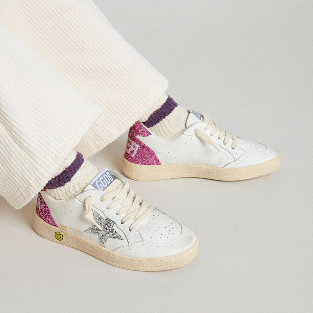 Golden Goose-Кроссовки бело-розовые блестящие кожаные Ball Star для девочек | Childrensalon