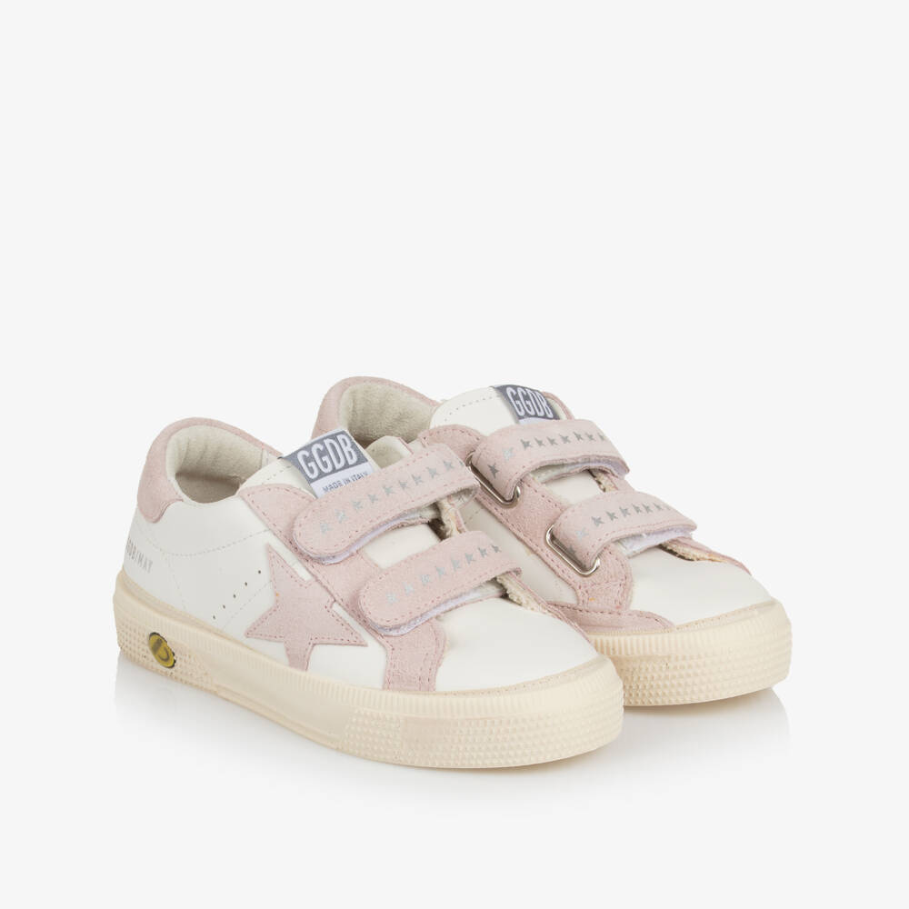 Golden Goose-Girls White & Pink Leather May Trainers | Childrensalon