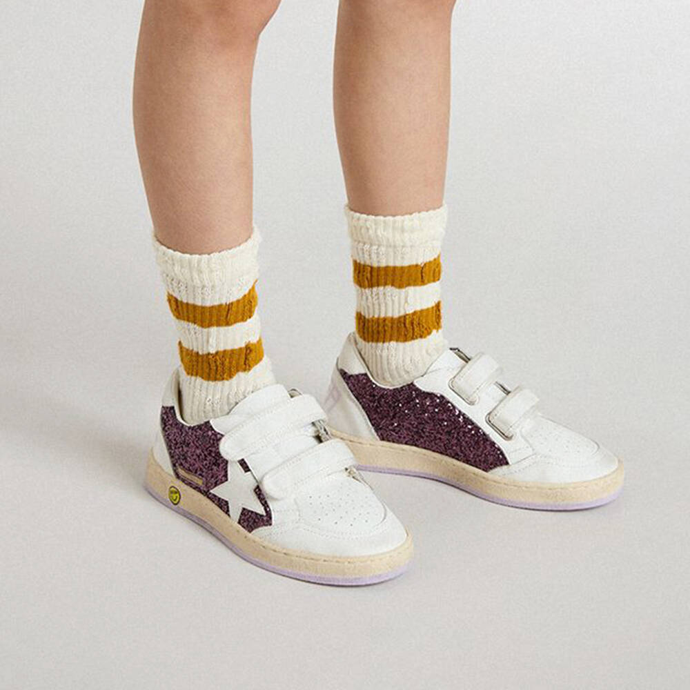 Golden Goose-Girls White & Purple Glitter Leather Ball Star Trainers | Childrensalon