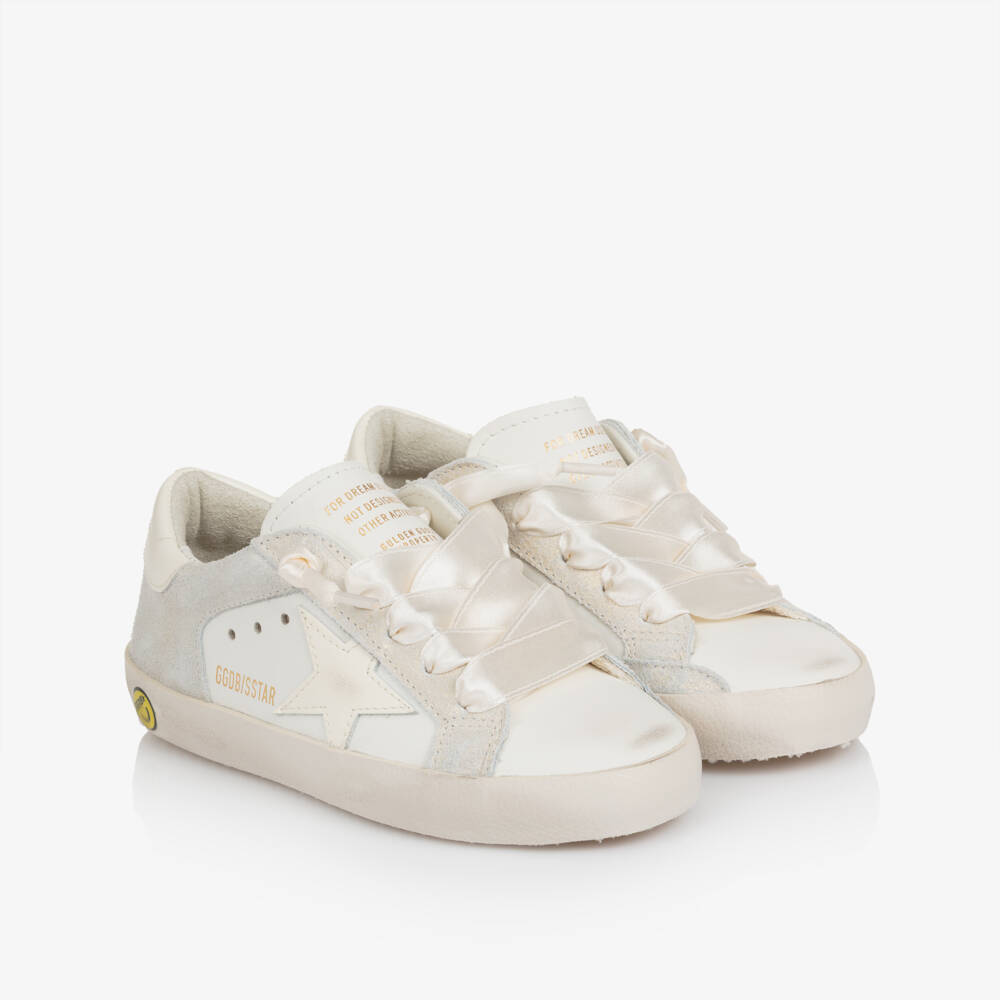 Golden Goose-Girls White & Silver Super-Star Trainers with Ribbon Laces | Childrensalon