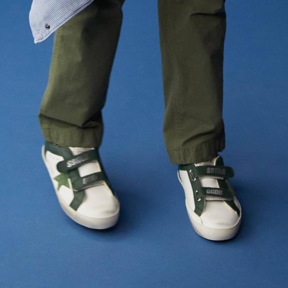 Golden Goose-Old School Trainers in White & Green Leather | Childrensalon