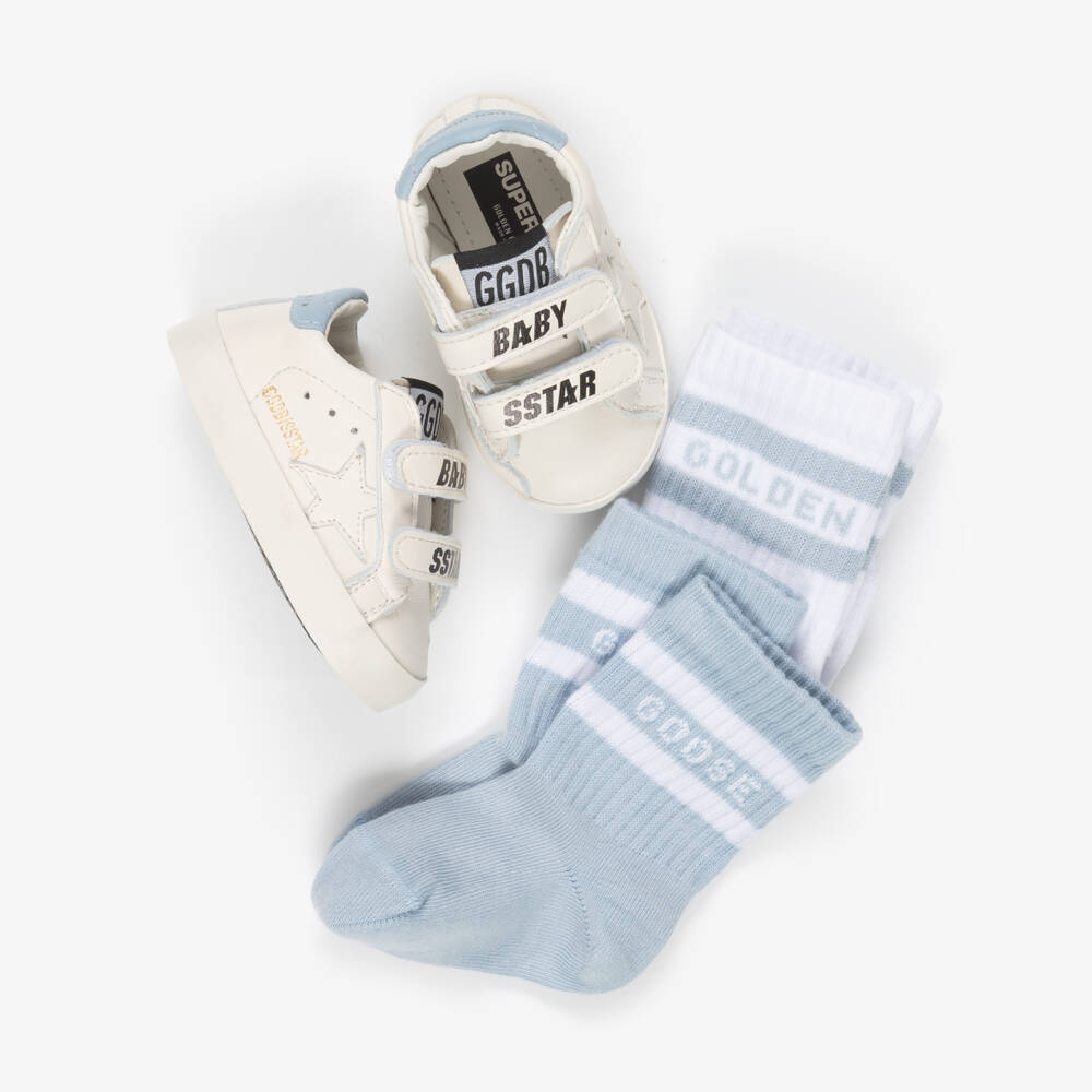 Golden Goose-White & Blue Leather Pre-Walker Trainers and Socks Set | Childrensalon