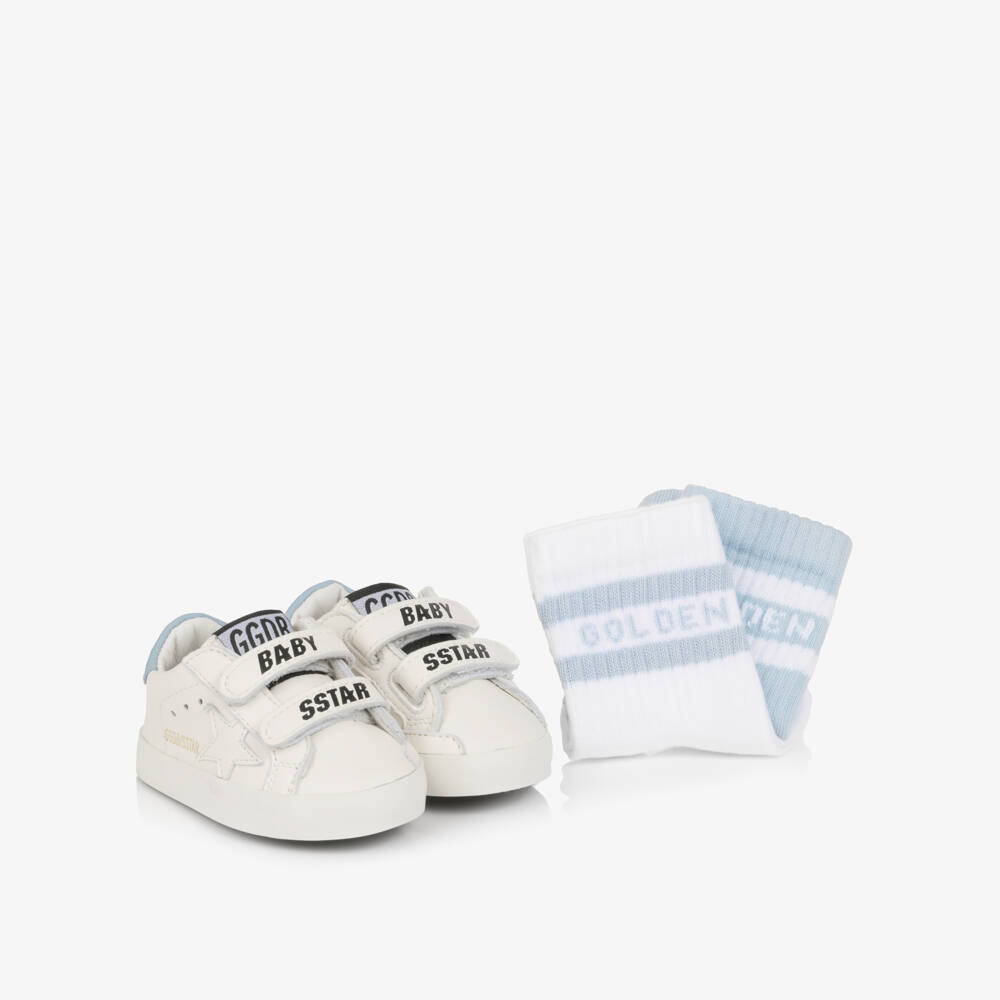 Golden Goose-White & Blue Leather Pre-Walker Trainers and Socks Set | Childrensalon
