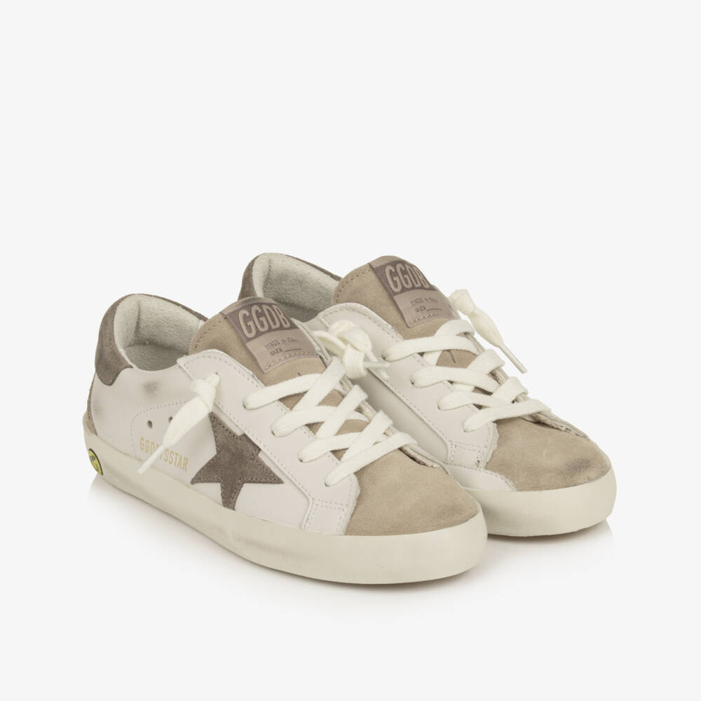 Golden Goose-White Leather Super-Star Trainers with Suede Trims | Childrensalon