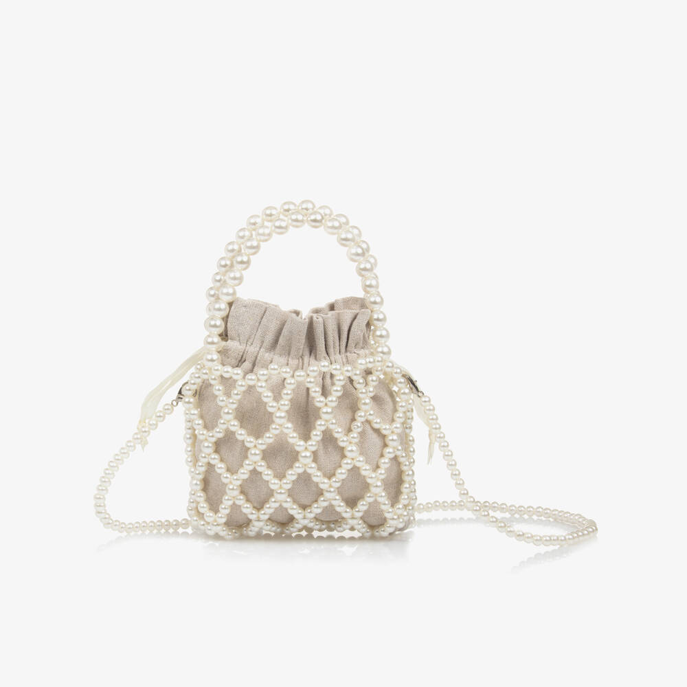 Graci-Girls Beige Faux Pearl Bag (15cm) | Childrensalon