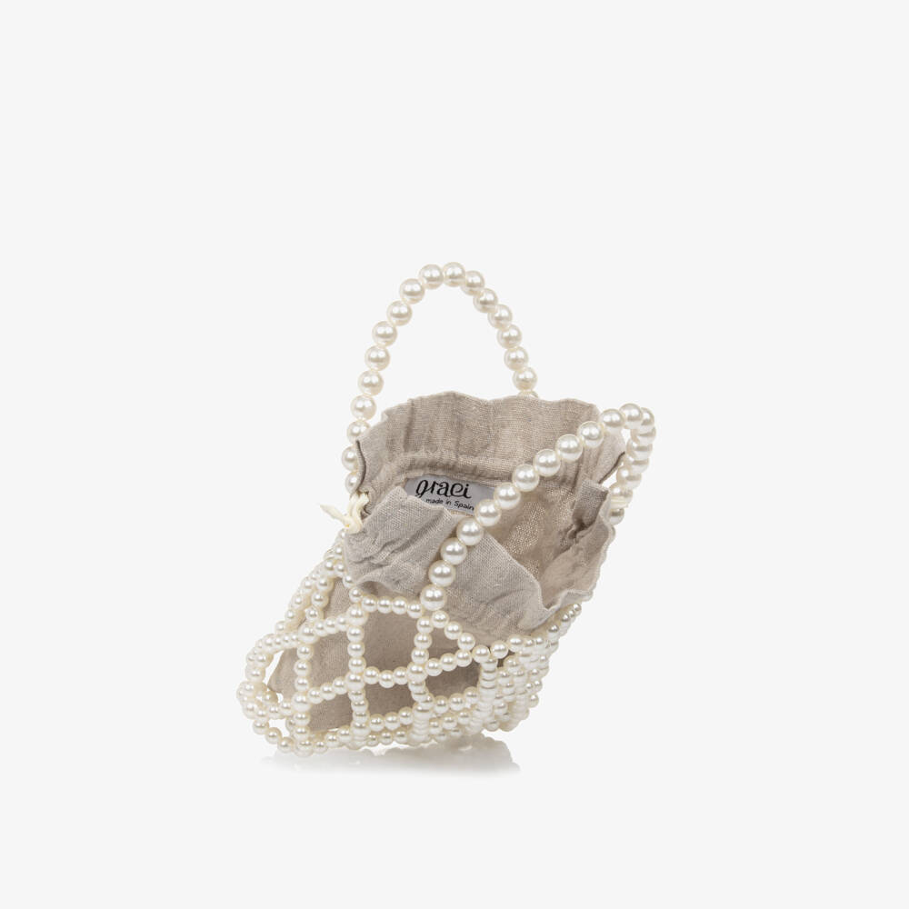 Graci-Girls Beige Faux Pearl Bag (15cm) | Childrensalon