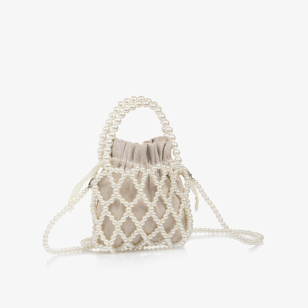 Graci-Girls Beige Faux Pearl Bag (15cm) | Childrensalon