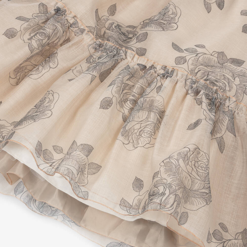 Graci-Платье бежевое с розовым принтом и кружевным воротником для девочек | Childrensalon