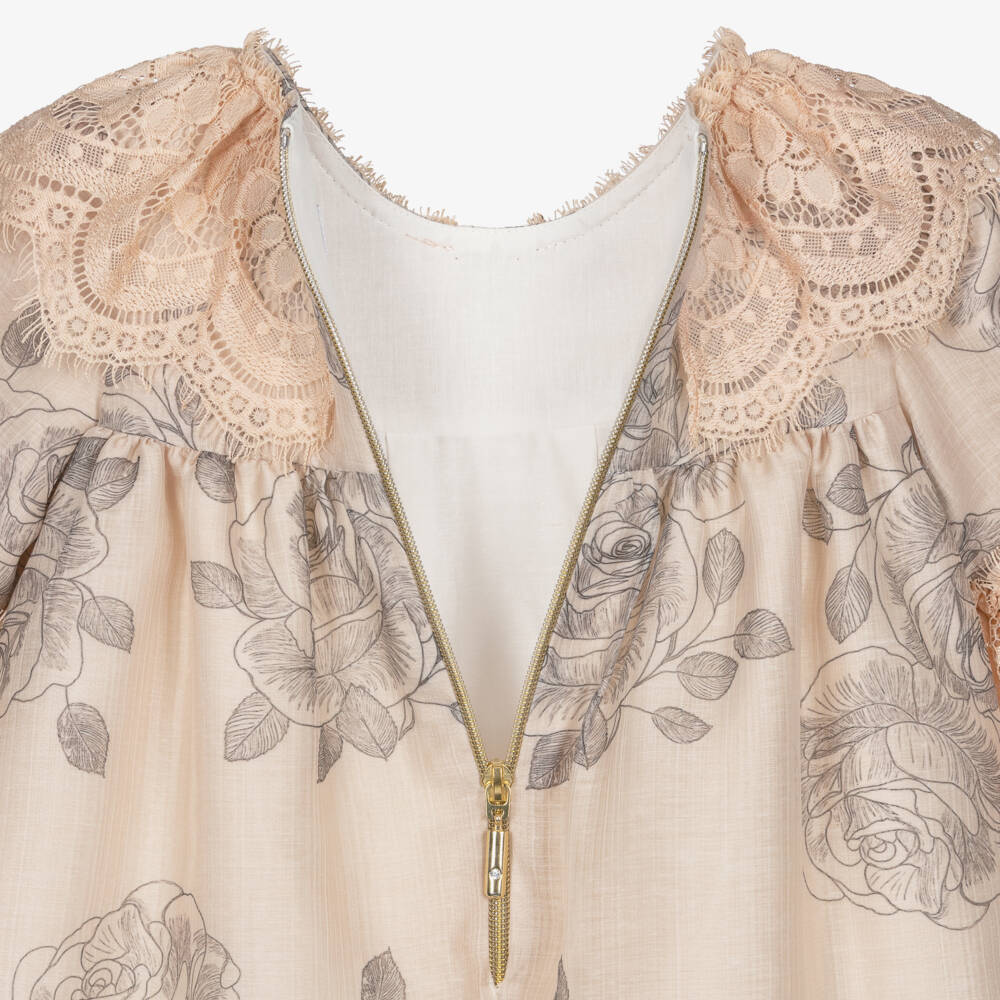 Graci-Платье бежевое с розовым принтом и кружевным воротником для девочек | Childrensalon