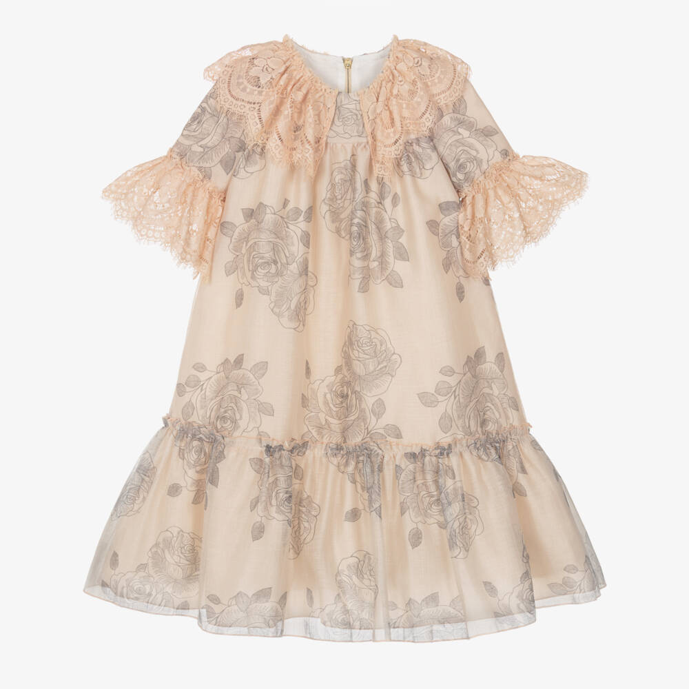 Graci-Платье бежевое с розовым принтом и кружевным воротником для девочек | Childrensalon