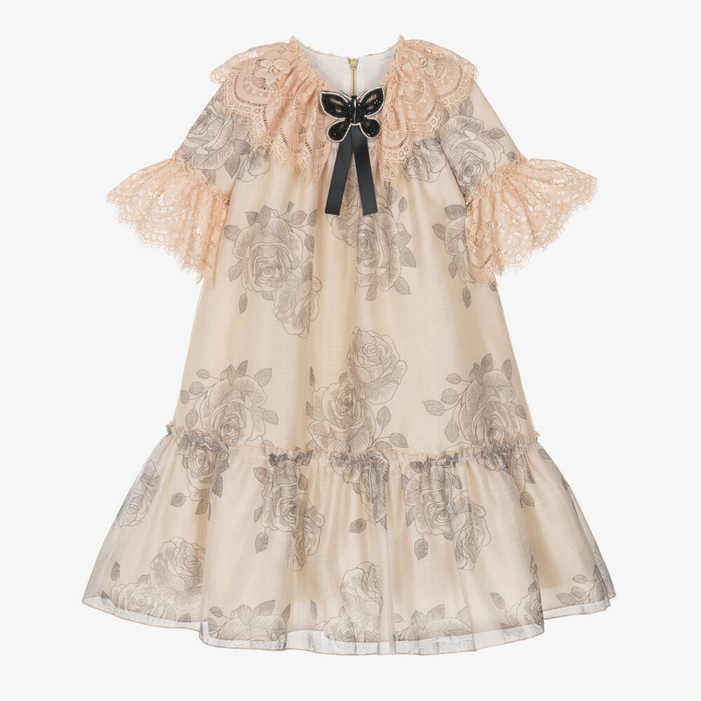 Graci-Girls Beige Rose Print Dress with Floral Lace Collar | Childrensalon