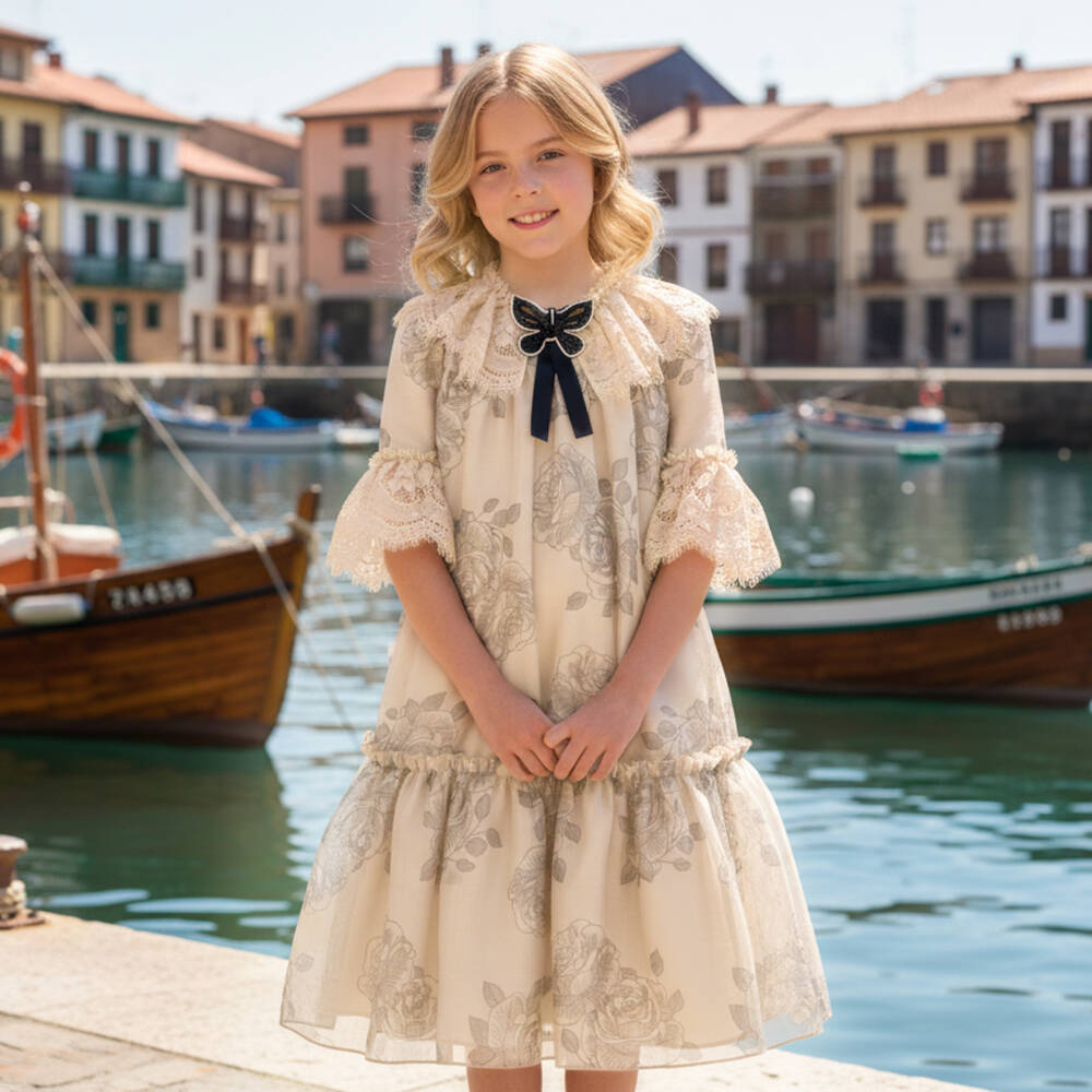 Graci-Платье бежевое с розовым принтом и кружевным воротником для девочек | Childrensalon