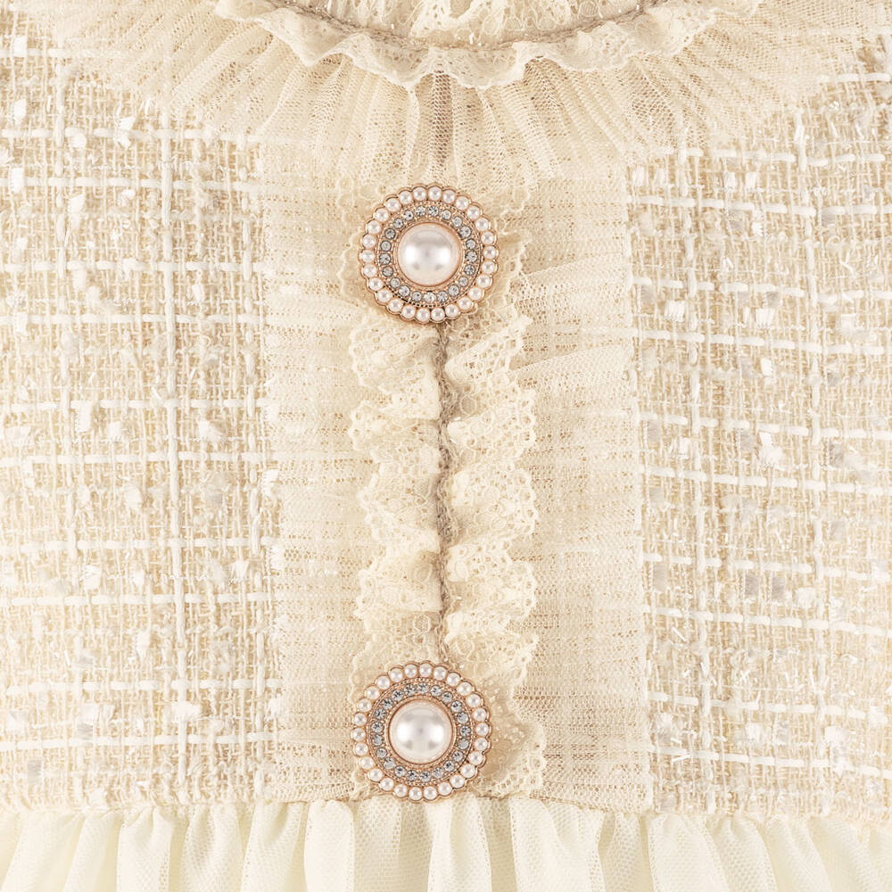 Graci-Платье бежевое из твида и кремового кружева для девочек | Childrensalon