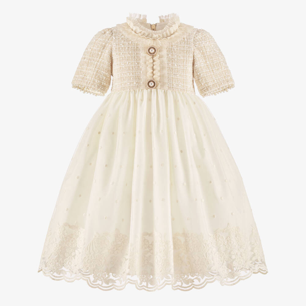 Graci-Girls Beige Tweed & Ivory Lace Dress | Childrensalon