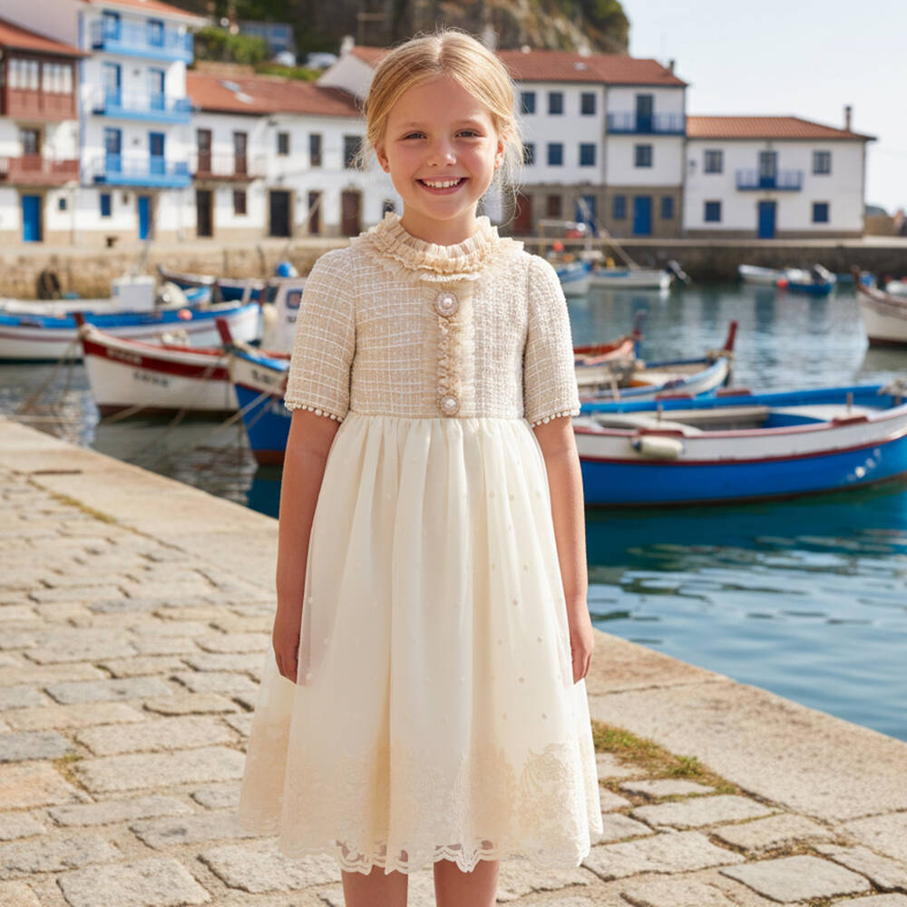 Graci-Платье бежевое из твида и кремового кружева для девочек | Childrensalon