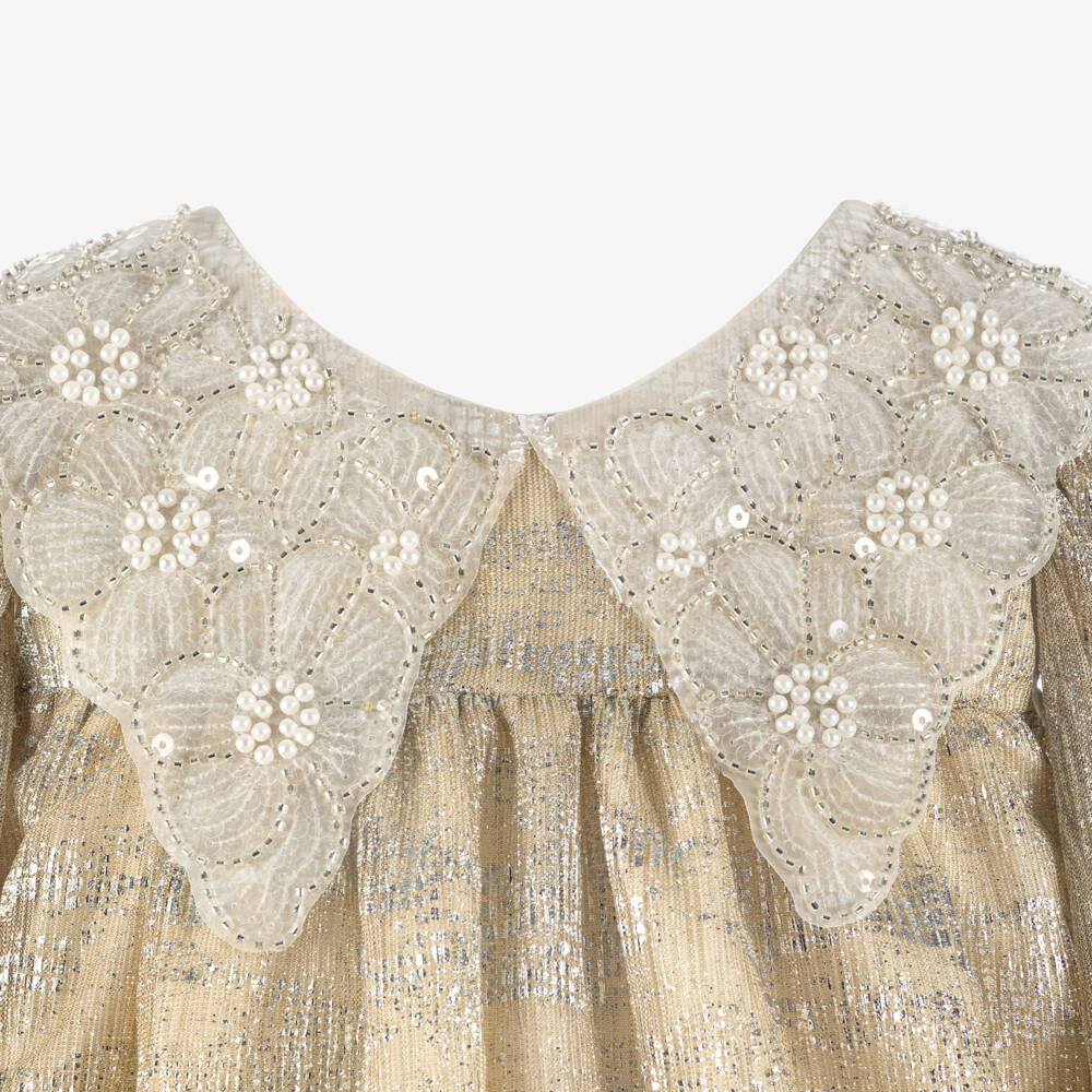 Graci-Girls Glittery Gold & Silver Dress with Beaded Collar | Childrensalon