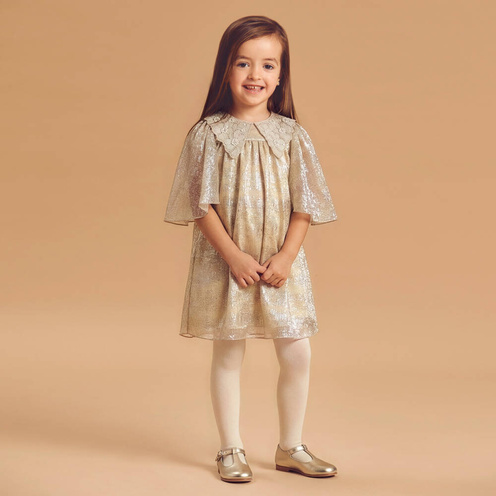 Graci-Girls Glittery Gold & Silver Dress with Beaded Collar | Childrensalon