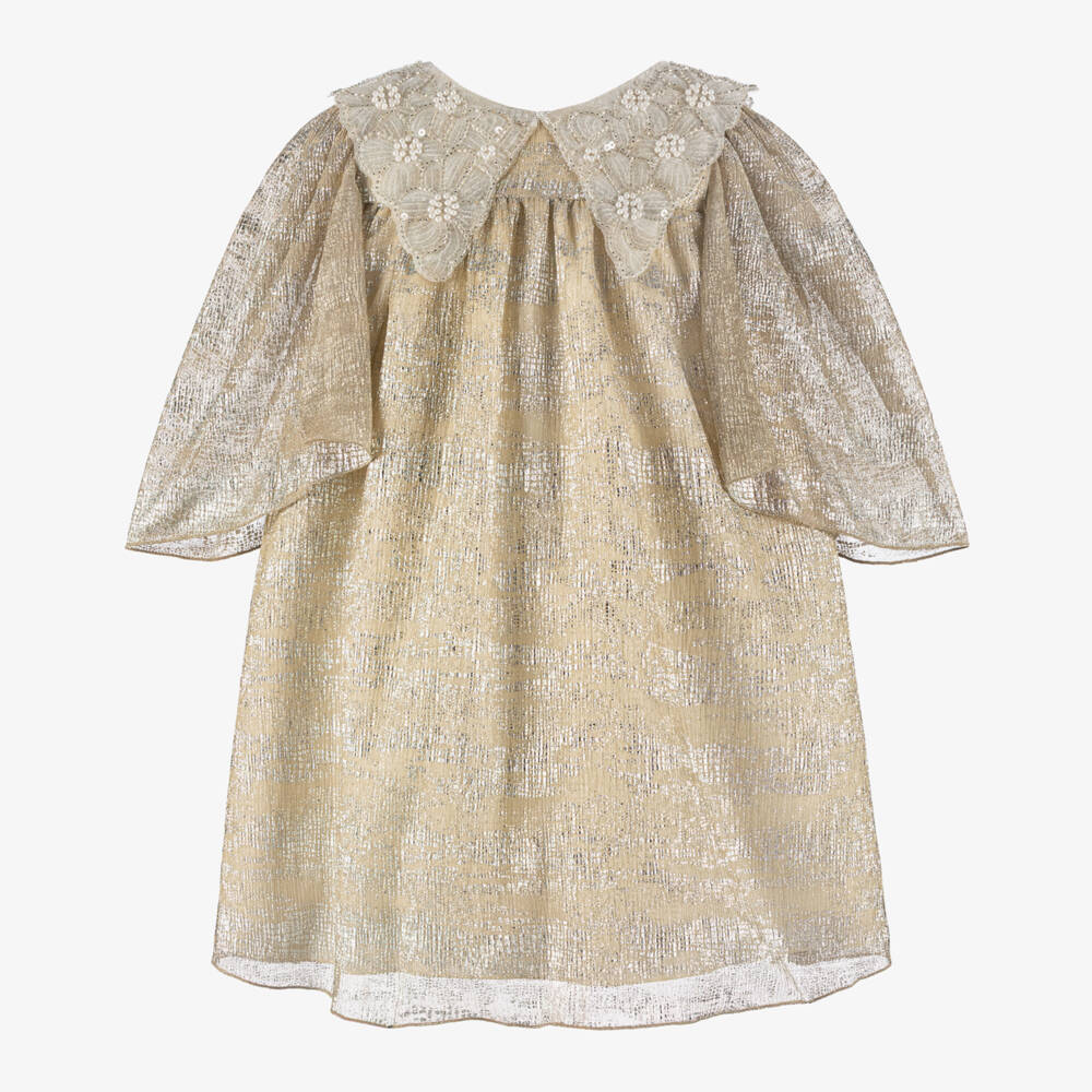 Graci-Girls Glittery Gold & Silver Dress with Beaded Collar | Childrensalon