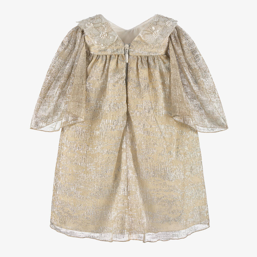 Graci-Girls Glittery Gold & Silver Dress with Beaded Collar | Childrensalon