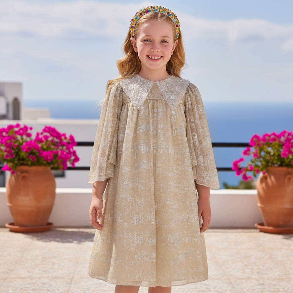 Graci-Girls Glittery Gold & Silver Dress with Beaded Collar | Childrensalon