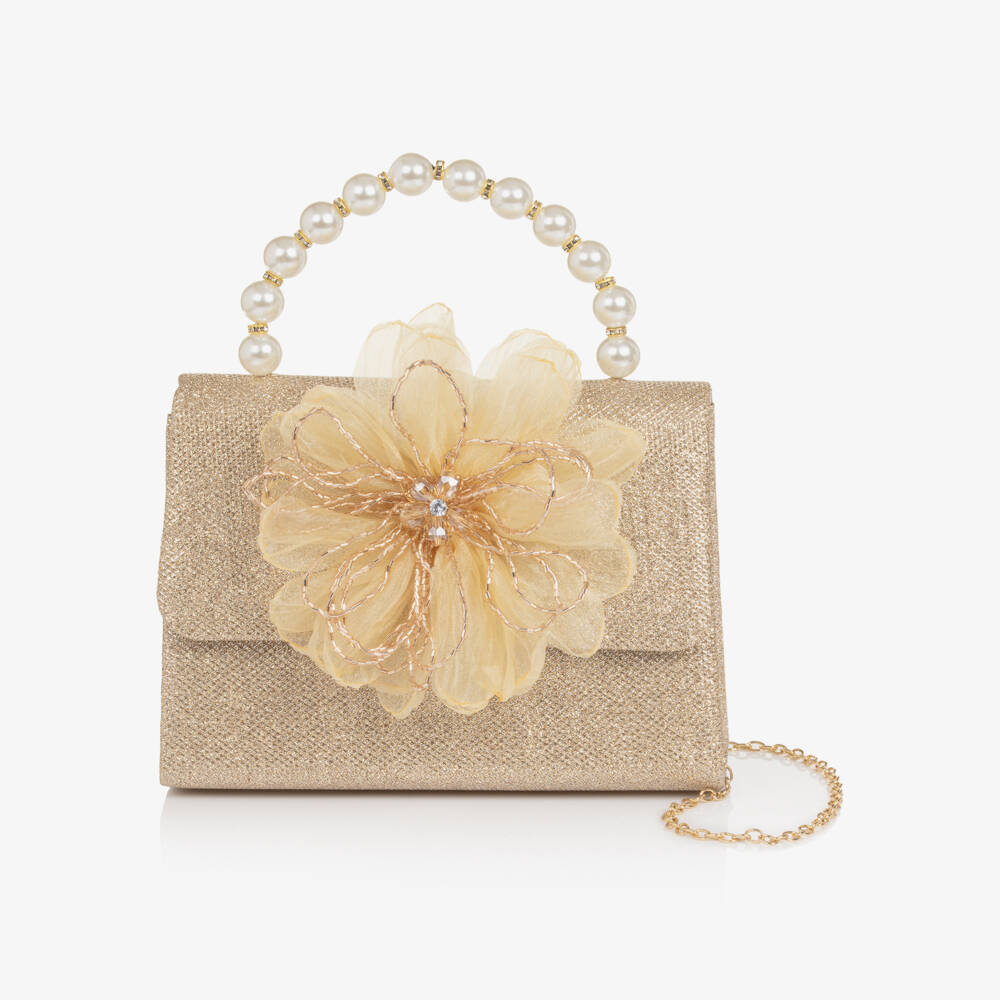 Graci-Girls Gold Glitter Bag with Tulle Flower (20cm) | Childrensalon
