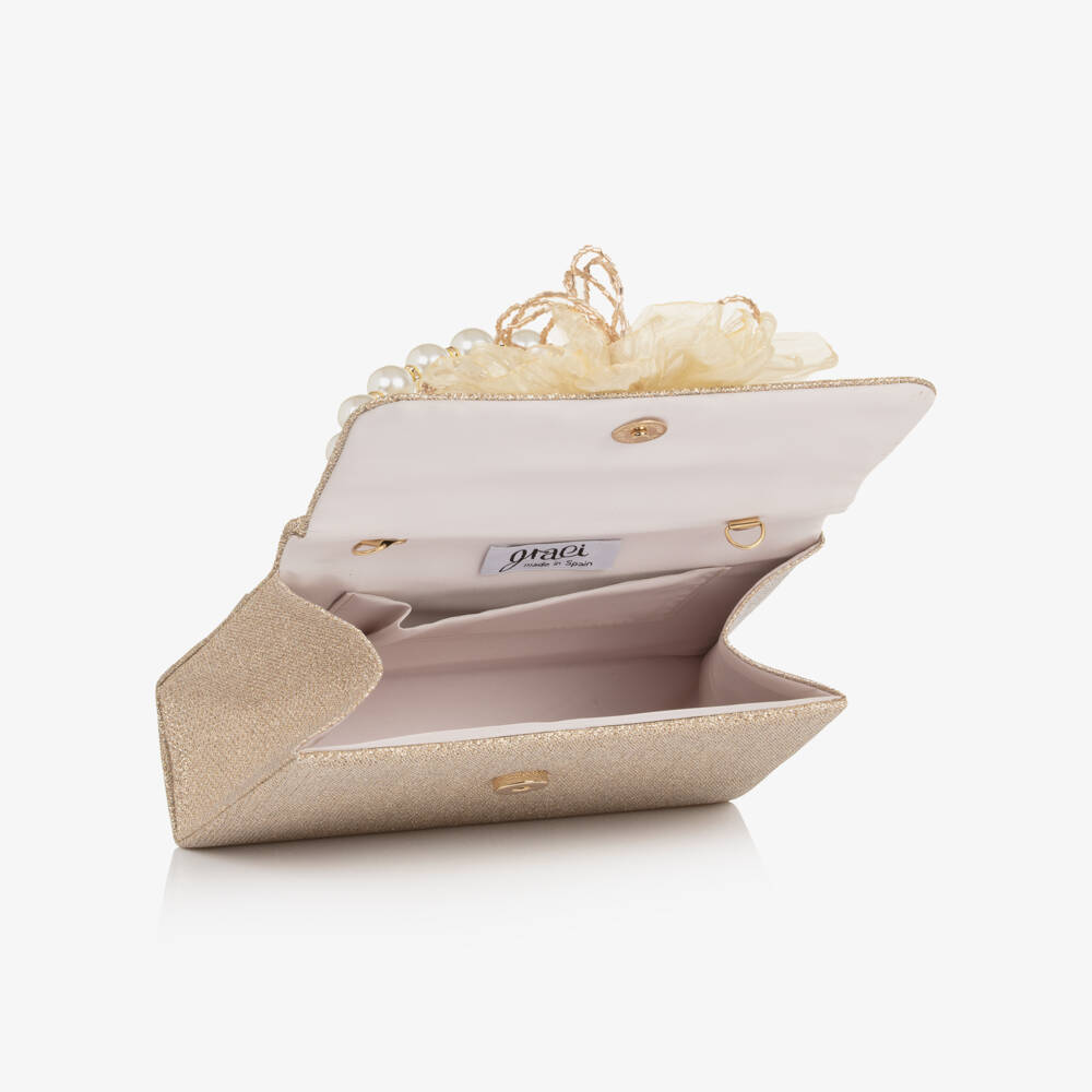 Graci-حقيبة مزينة بوردة تول لون ذهبي لامع للبنات (20 سم) | Childrensalon