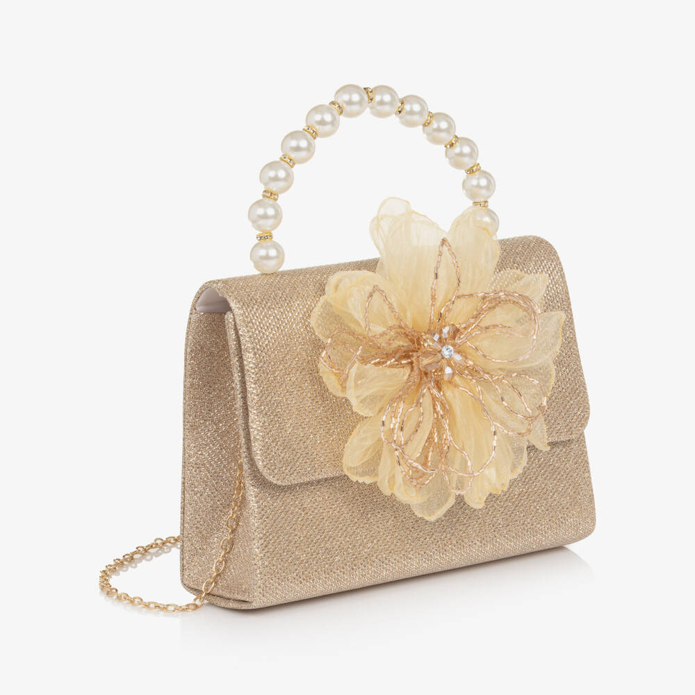 Graci-حقيبة مزينة بوردة تول لون ذهبي لامع للبنات (20 سم) | Childrensalon