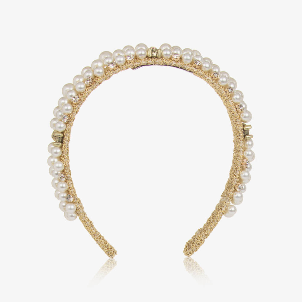 Graci-Girls Gold Pearl & Crystal Hairband with Teddy Bears | Childrensalon