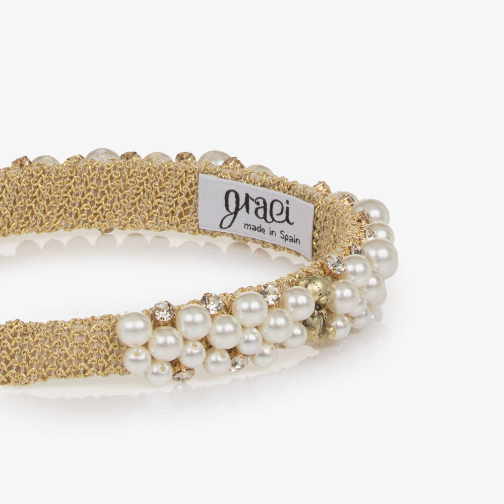 Graci-Girls Gold Pearl & Crystal Headband with Teddy Bears | Childrensalon