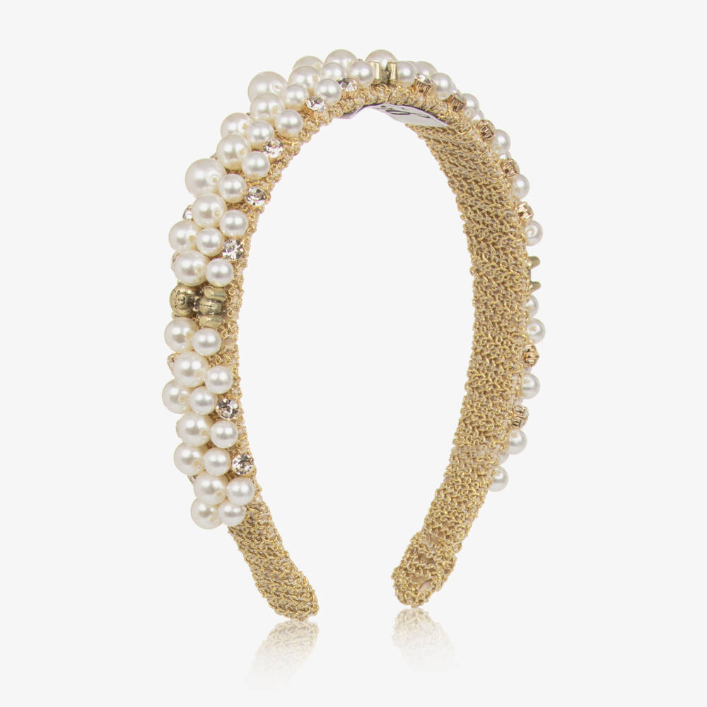 Graci-Girls Gold Pearl & Crystal Headband with Teddy Bears | Childrensalon