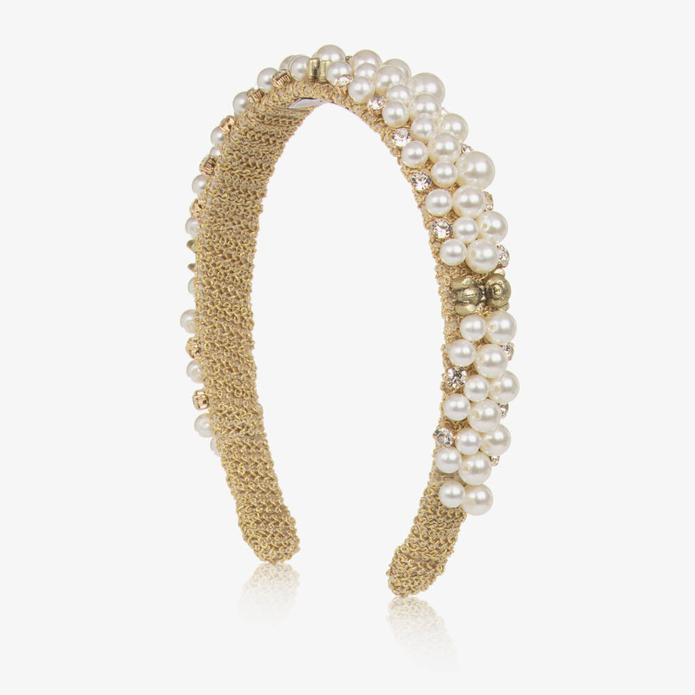 Graci-Girls Gold Pearl & Crystal Headband with Teddy Bears | Childrensalon