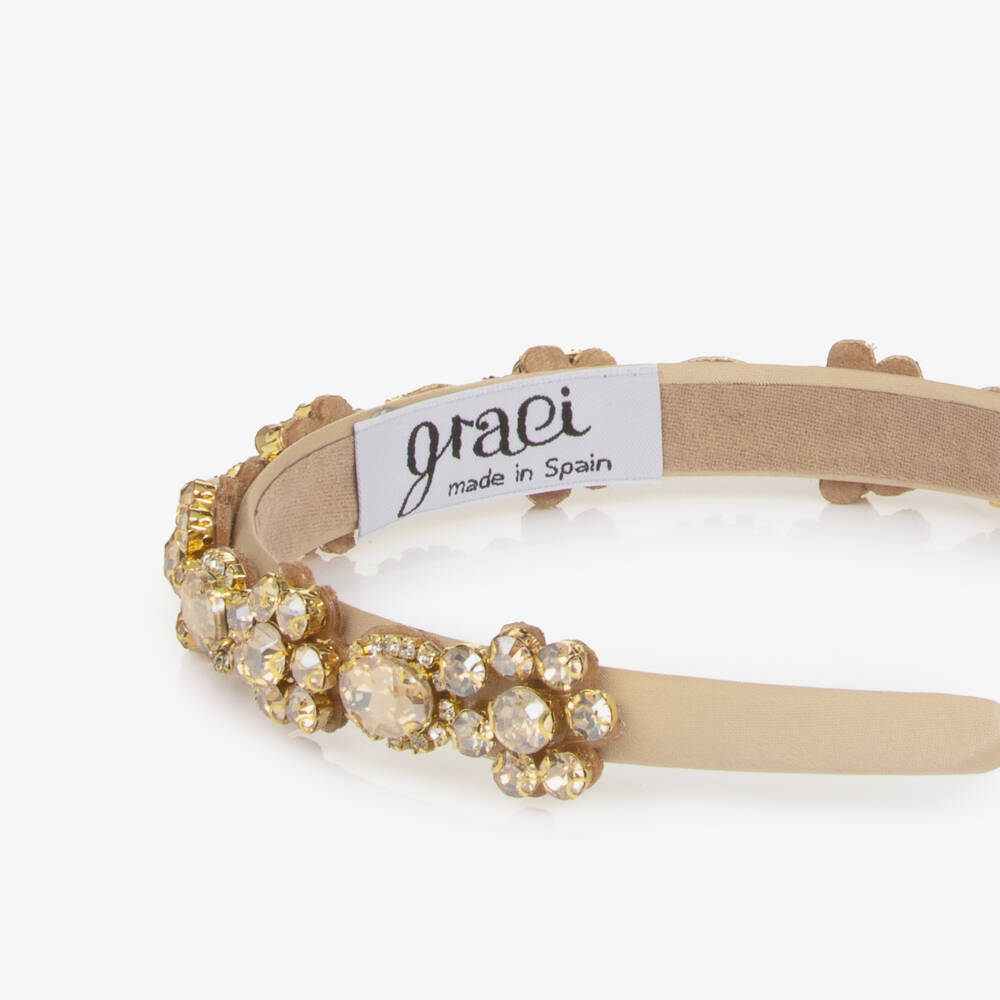 Graci-Girls Gold Satin Headband with Crystals & Diamantés | Childrensalon